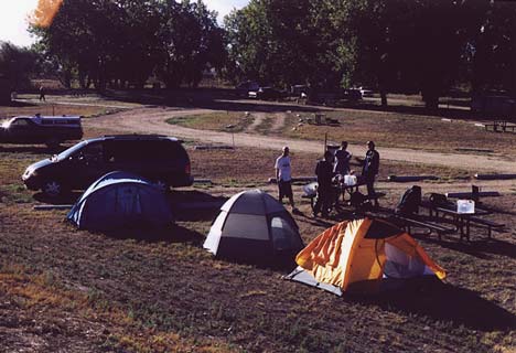 One tent, two tent, orange tent, blue tent.